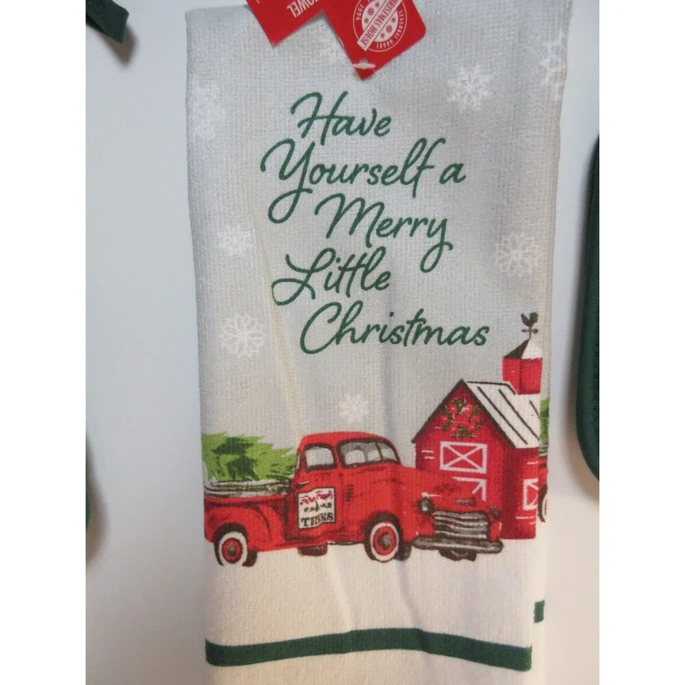 Christmas Holiday Kitchen Towels, Pot Holders, Oven Mitt 4pc Set -Truck & Barn